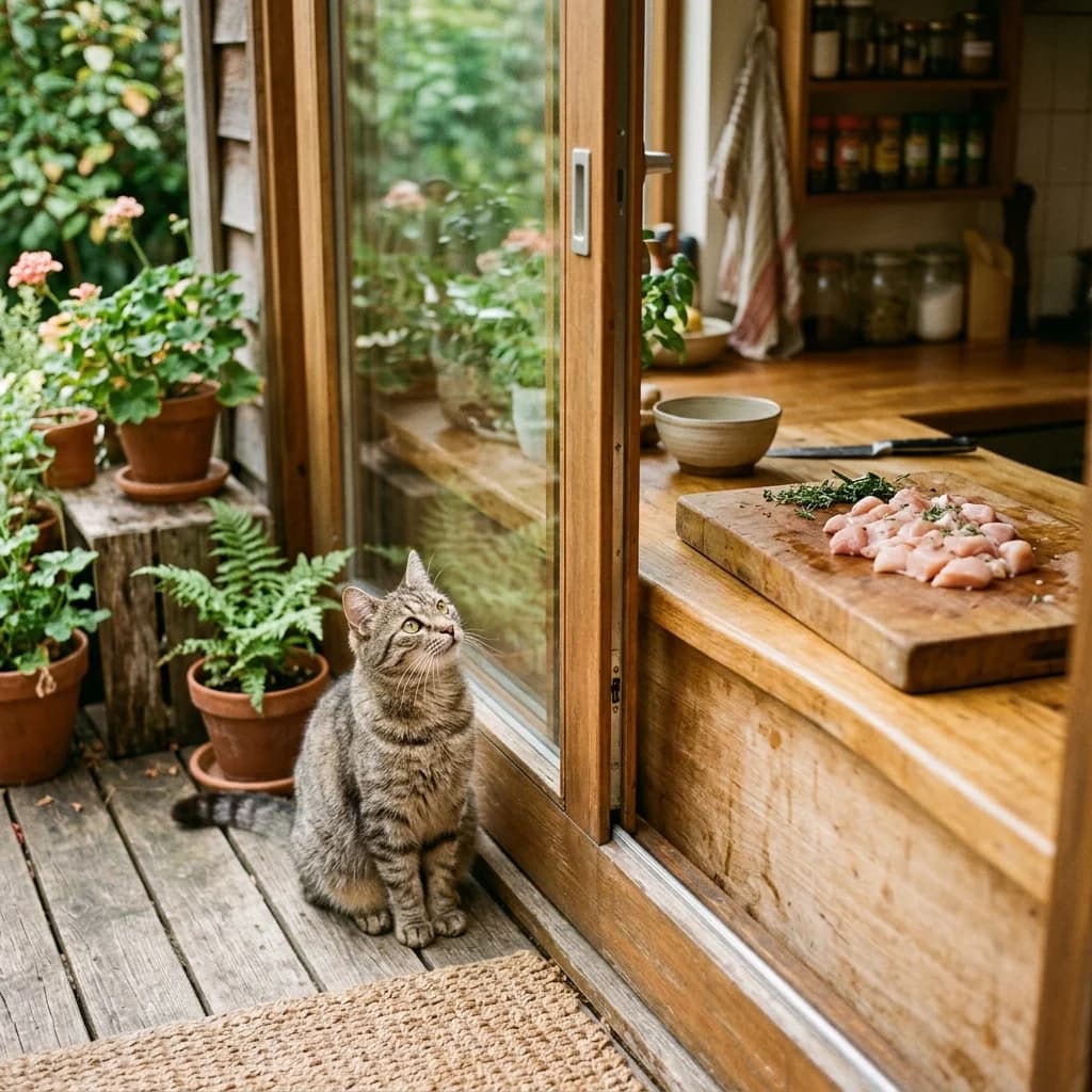Pet staring at food in kitchen